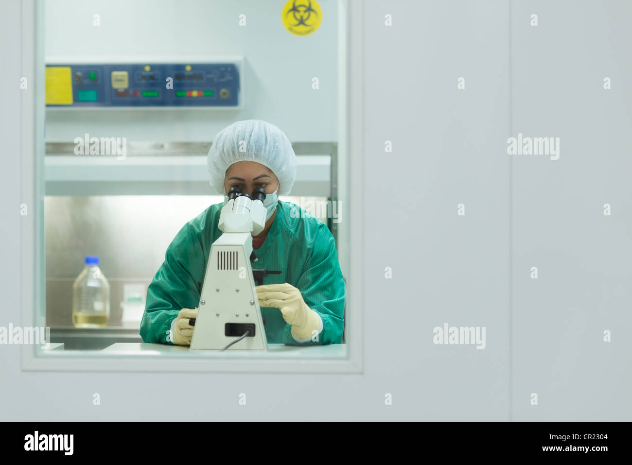 Female researcher working in pharmaceutical industry lab and looking with microscope. Copy space Stock Photo