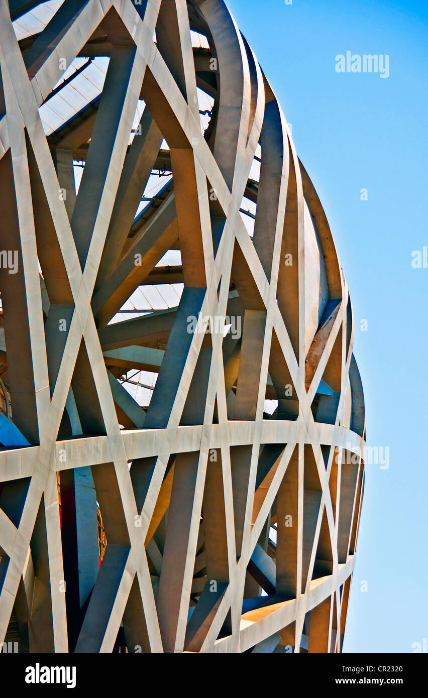 China: Detail of National Stadium, the Birds Nest's, structural steel architecture, site of 2008 Summer Olympics in Beijng Stock Photo