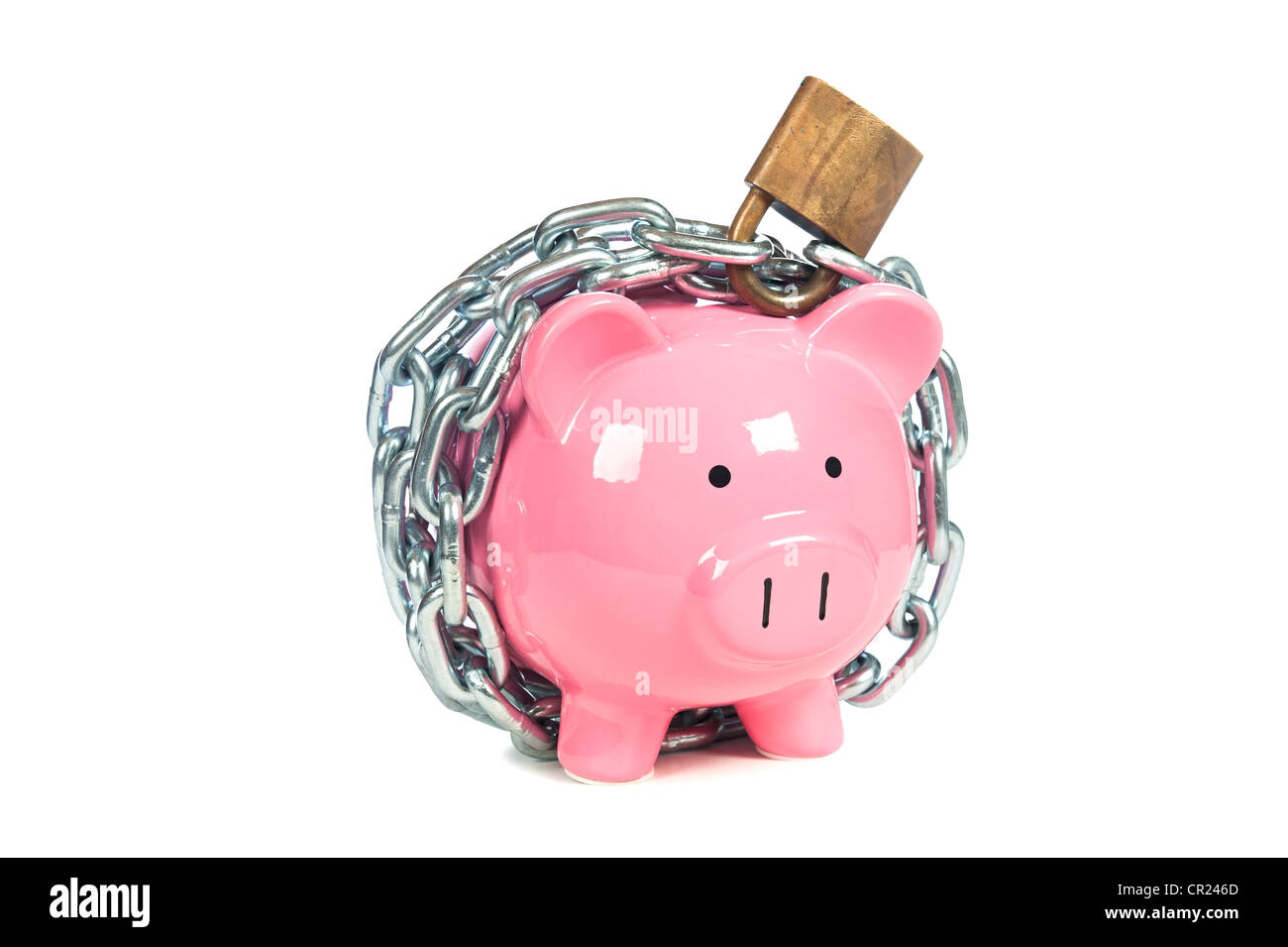 A pink piggybank chained up and locked. Image can be used for financial protection inferences or other investment messages. Stock Photo