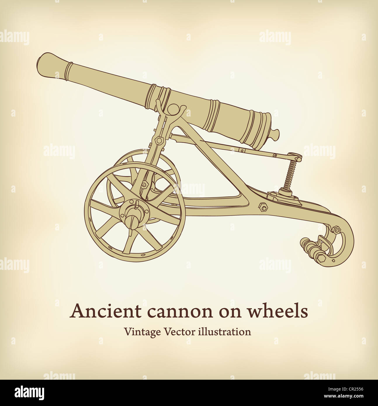 Antique cannon on wheels. Vintage Vector illustration. Stock Photo