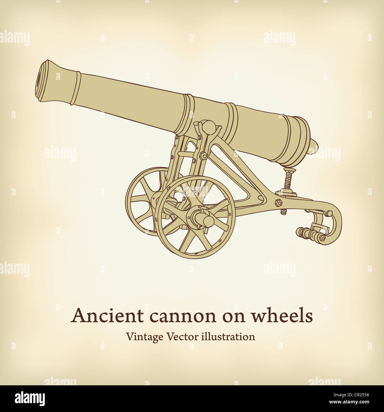Antique cannon on wheels. Vintage Vector illustration. Stock Photo