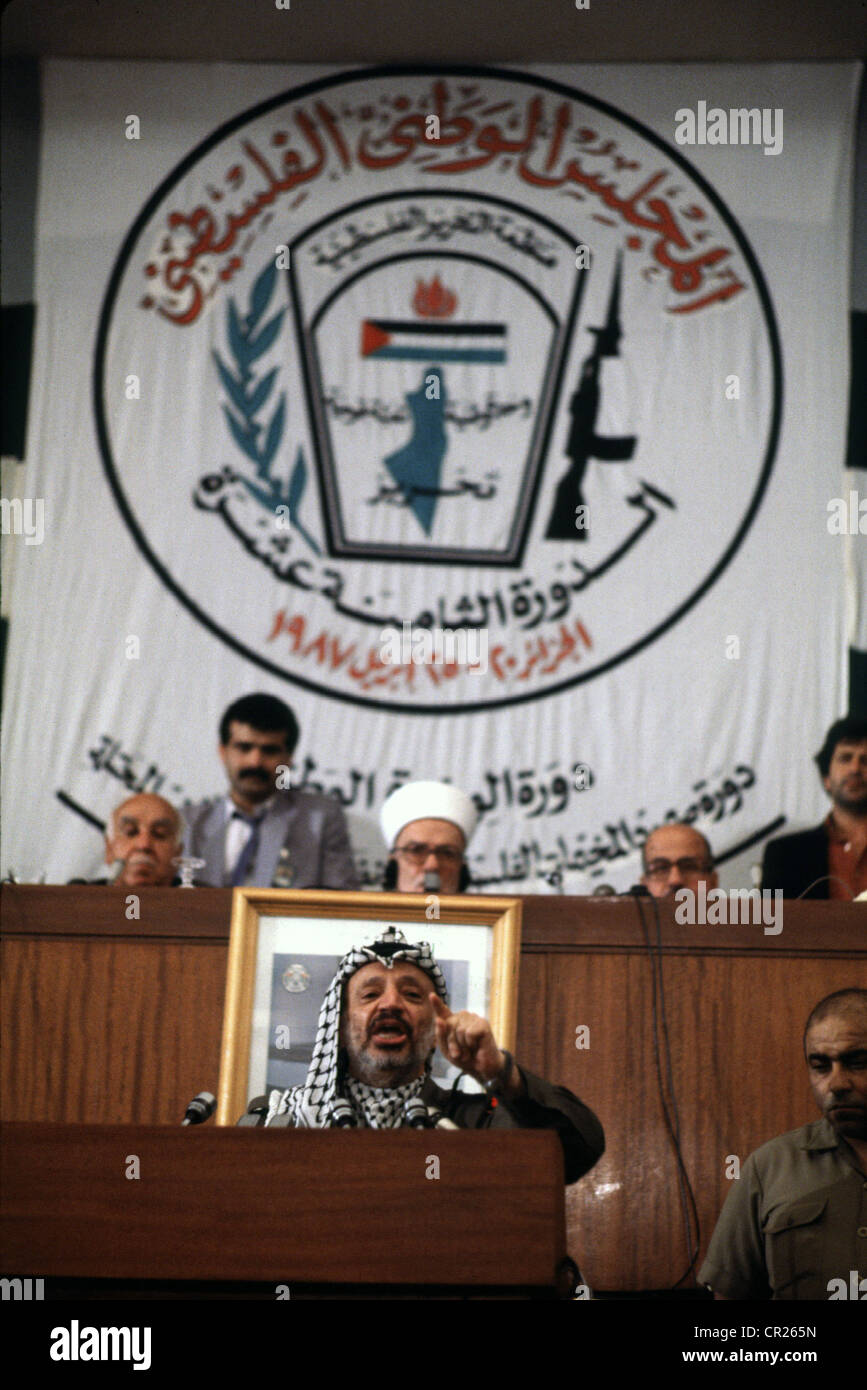 palestinian president yasser arafat during the palestinian national council meeting at the club des pins outside algiers. Stock Photo