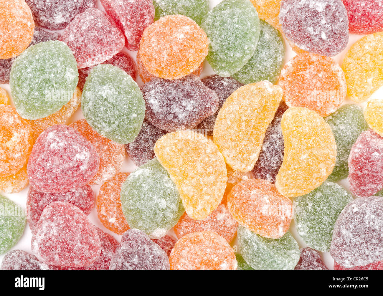 Closeup of a background of sugar coated fruit jellies studio shot
