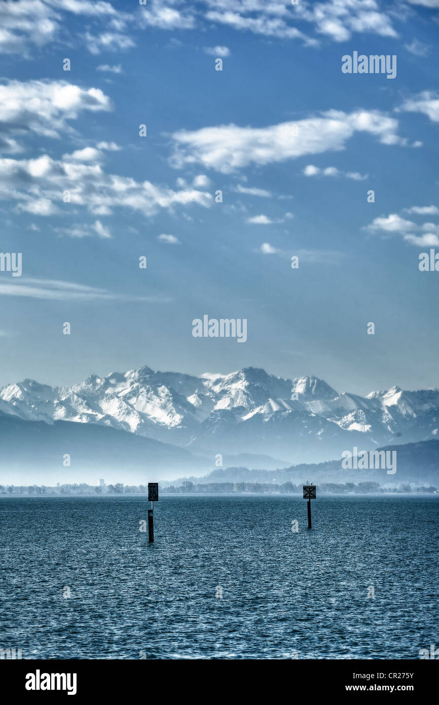 a lake in the Alps, cold and empty, with marine labels Stock Photo
