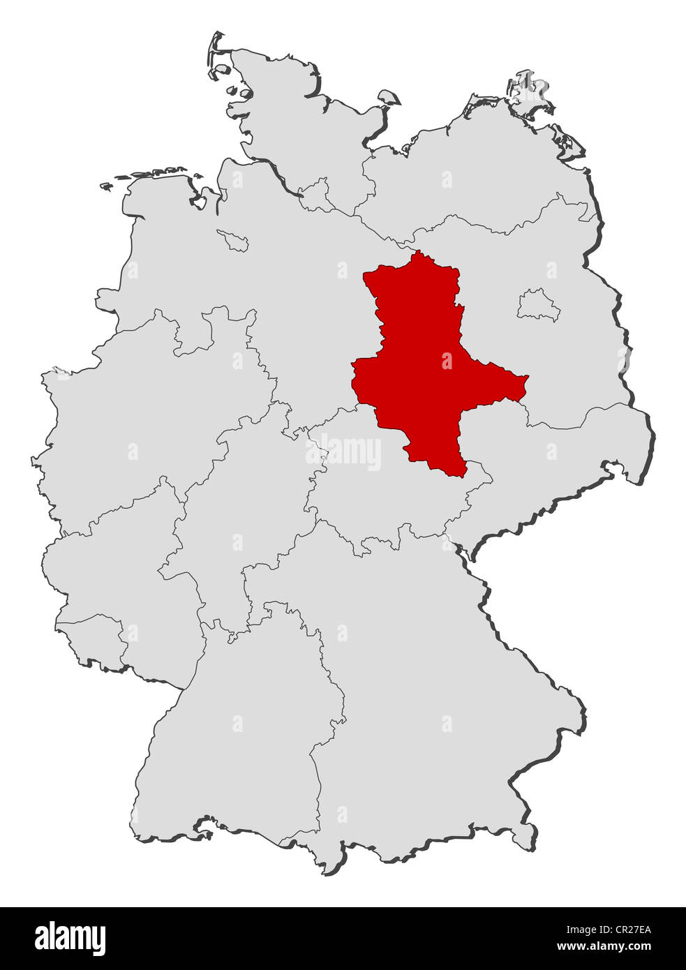 Political map of Germany with the several states where Saxony-Anhalt is highlighted. Stock Photo