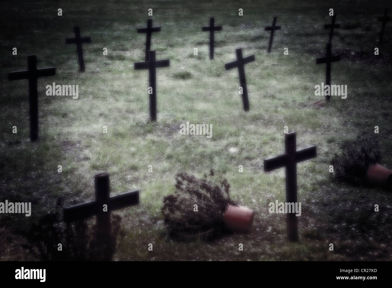 Crosses on a neglected cemetery Stock Photo