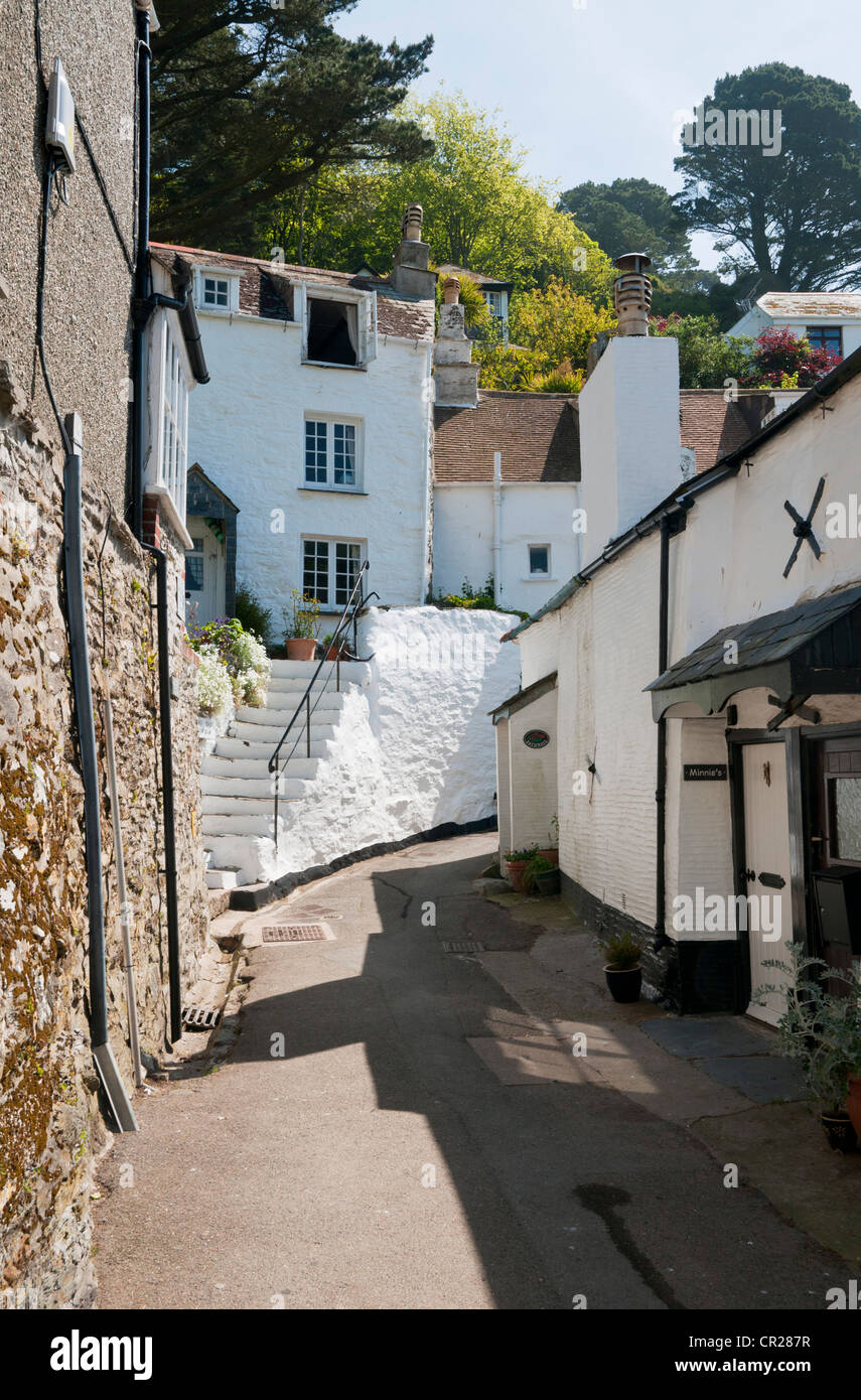 Cottages in narrow street of fishing village of Polperro, Cornwall, UK Stock Photo