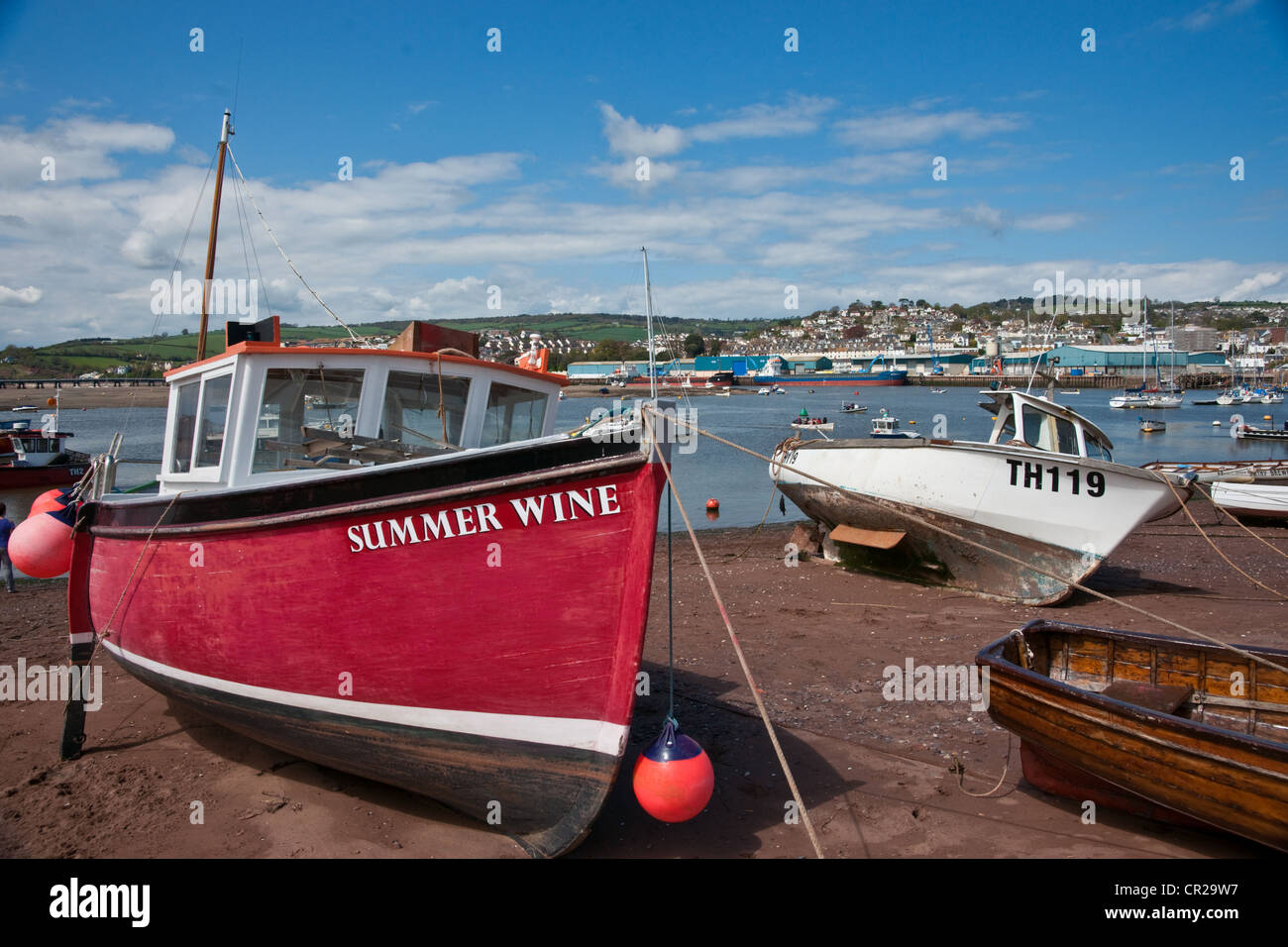 Fishing boat moored on the beach at Teignmouth Stock Photo