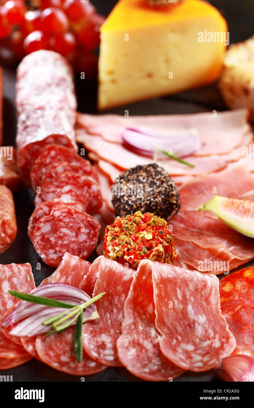 Antipasto catering platter with salami and cheese Stock Photo