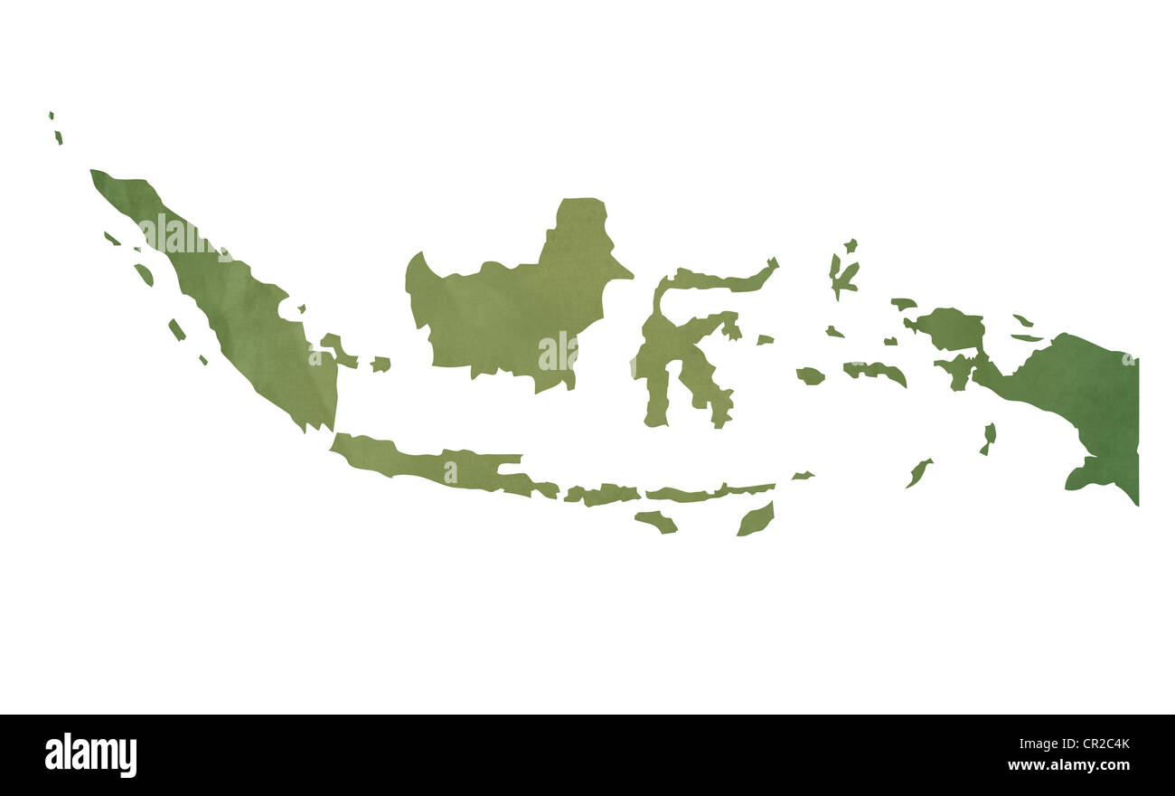 Old green map of Indonesia in textured green paper, isolated on white background. Stock Photo