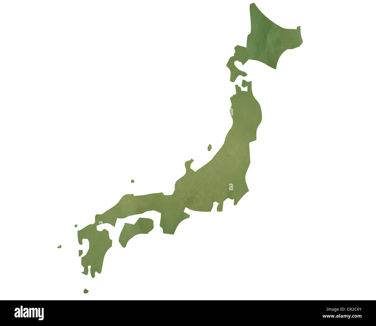 Old green map of Japan in textured green paper, isolated on white background. Stock Photo