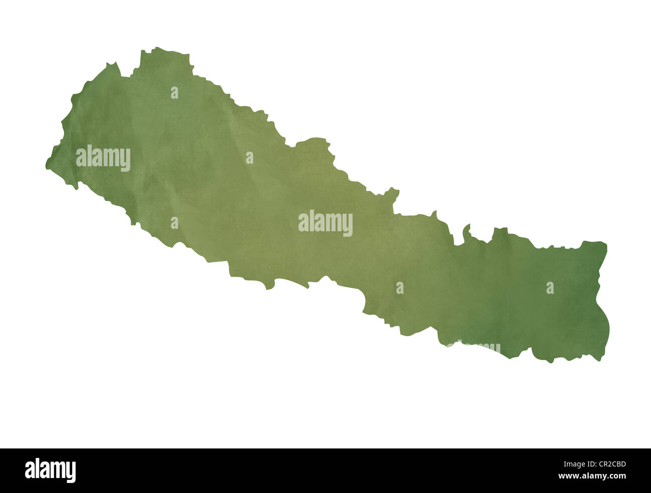 Old green map of Nepal in textured green paper, isolated on white background. Stock Photo