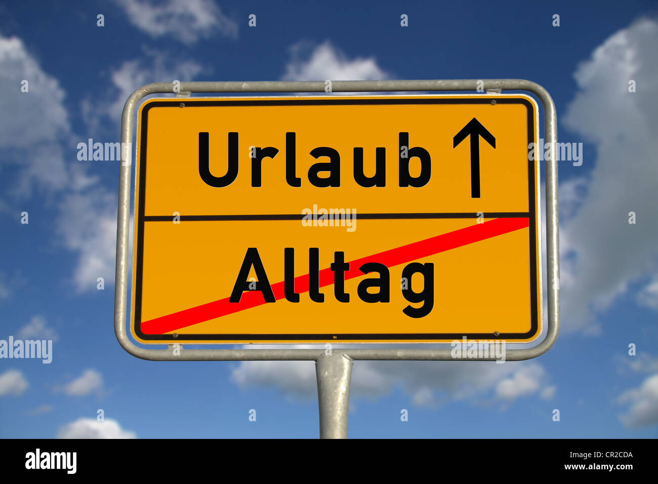 German road sign daily routine and vacation with blue sky and white clouds Stock Photo