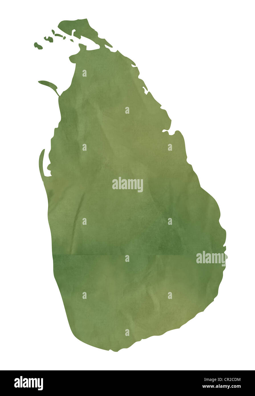 Old green map of Sri Lanka in textured green paper, isolated on white background. Stock Photo