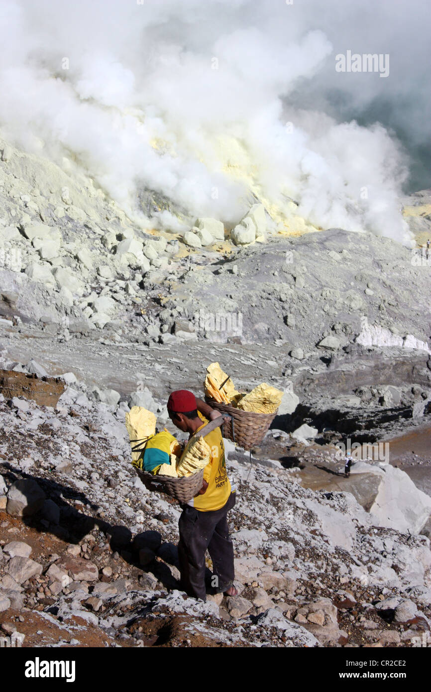 Sulphur Miners on the Crater Rim of Ijen Volcano in Indonesia Stock Photo