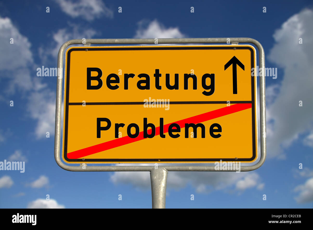 German road sign problems and consultation with blue sky and white clouds Stock Photo