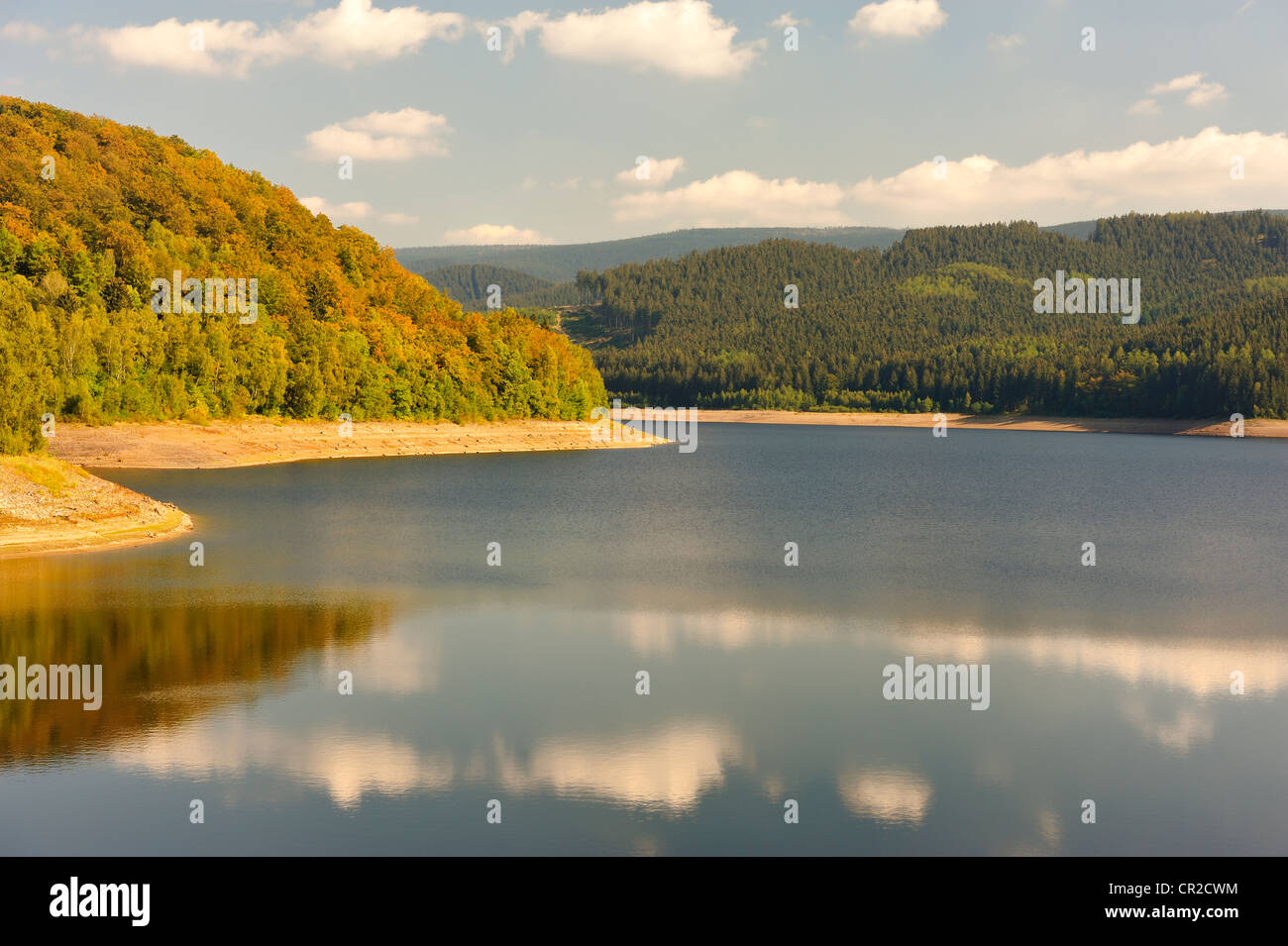 Golden sunbeam shine through the Sösestausee in Harz,Germany. Stock Photo