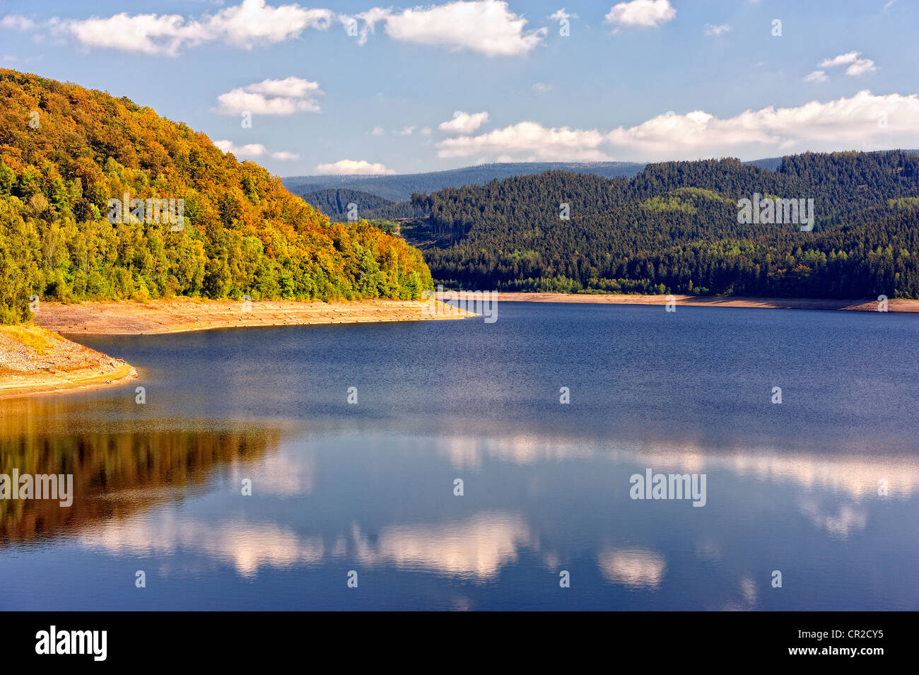 Golden sunbeam shine through the Sösestausee in Harz,Germany. Stock Photo