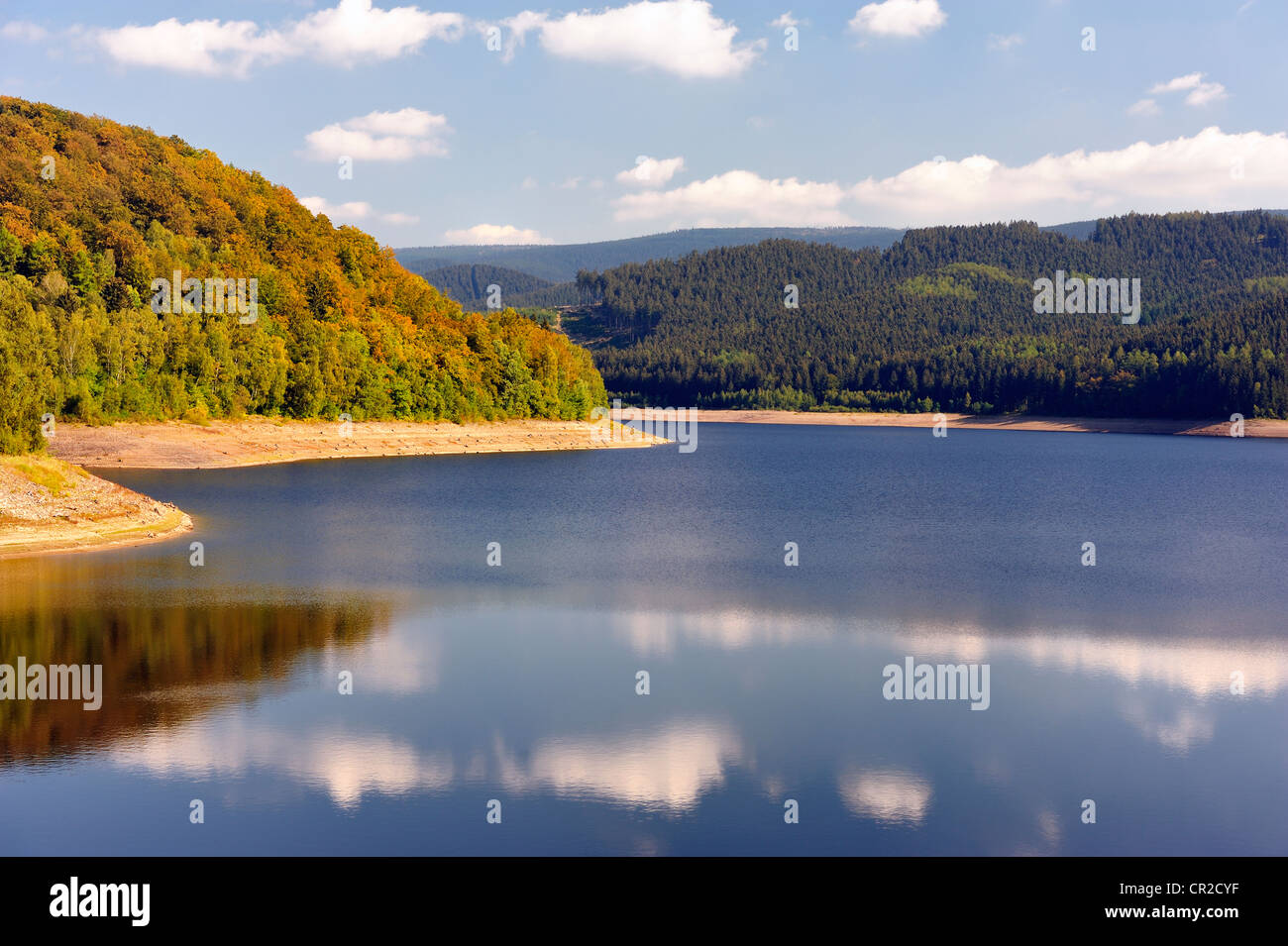 Golden sunbeam shine through the Sösestausee in Harz,Germany. Stock Photo