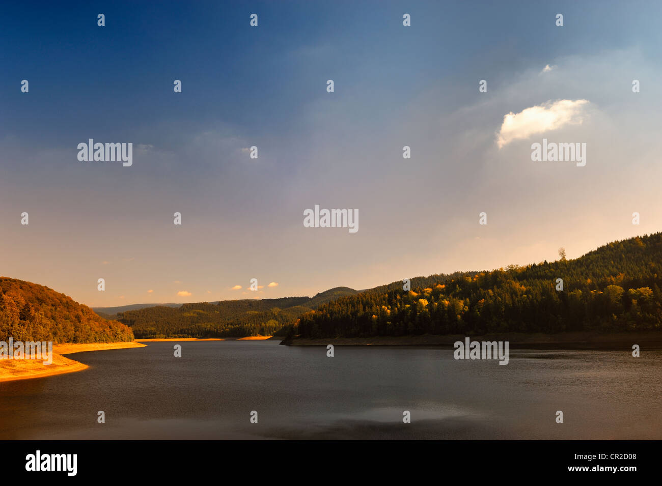 Golden sunbeam shine through the Sösestausee in Harz,Germany. Stock Photo