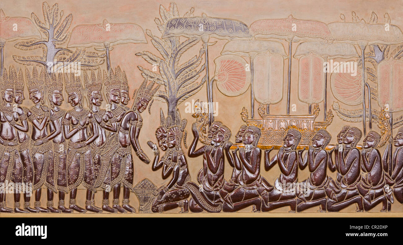 Depiction of the ancient Khmer royal court on a stone bas-relief carving - Siem Reap Province, Cambodia Stock Photo