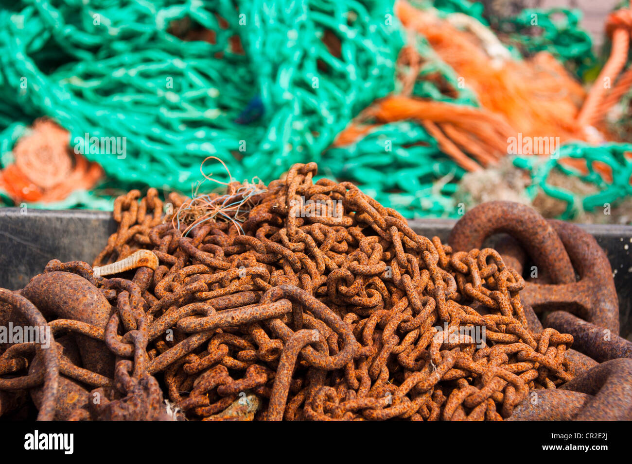 Crab pots, fishing nets, rusty chains and anchors storage area used by