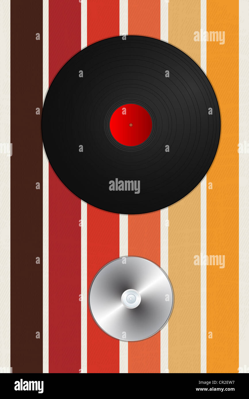 old versus new, vinyl record and cd over a grunge background Stock