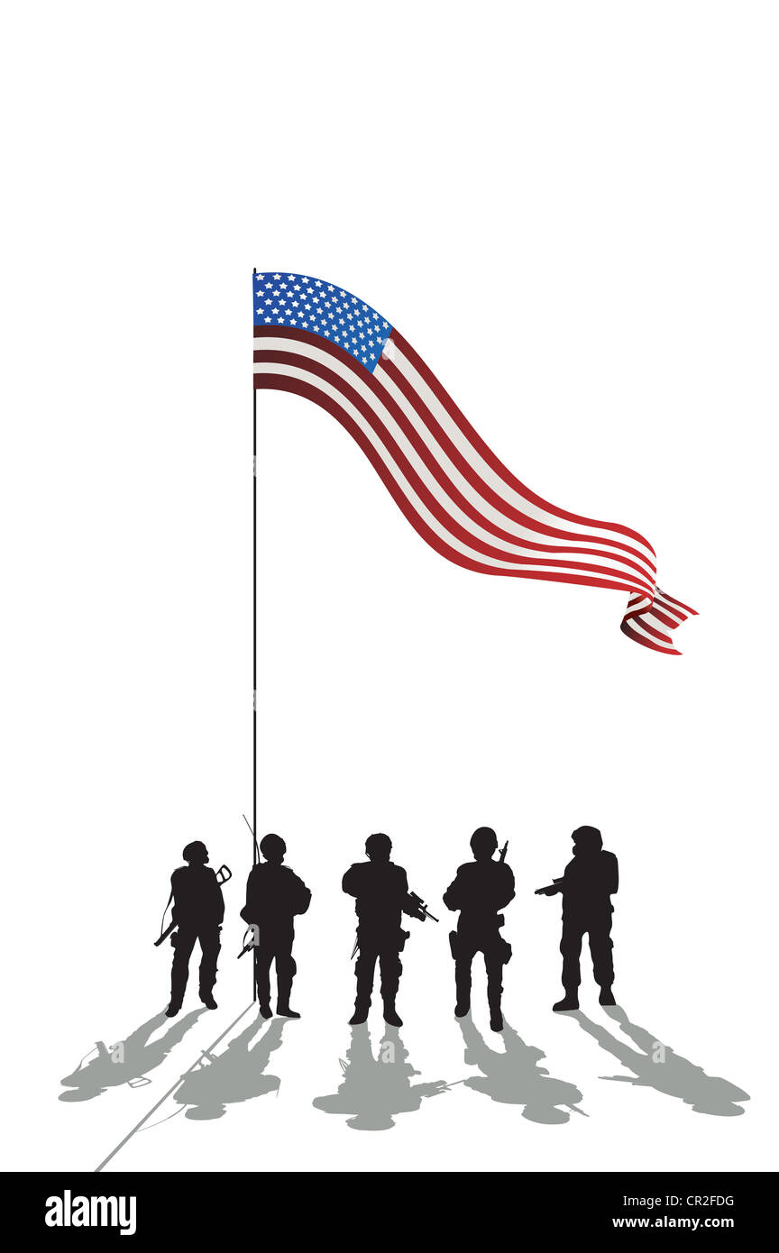 Five soldiers silhouette and an American flag and reflection Stock Photo