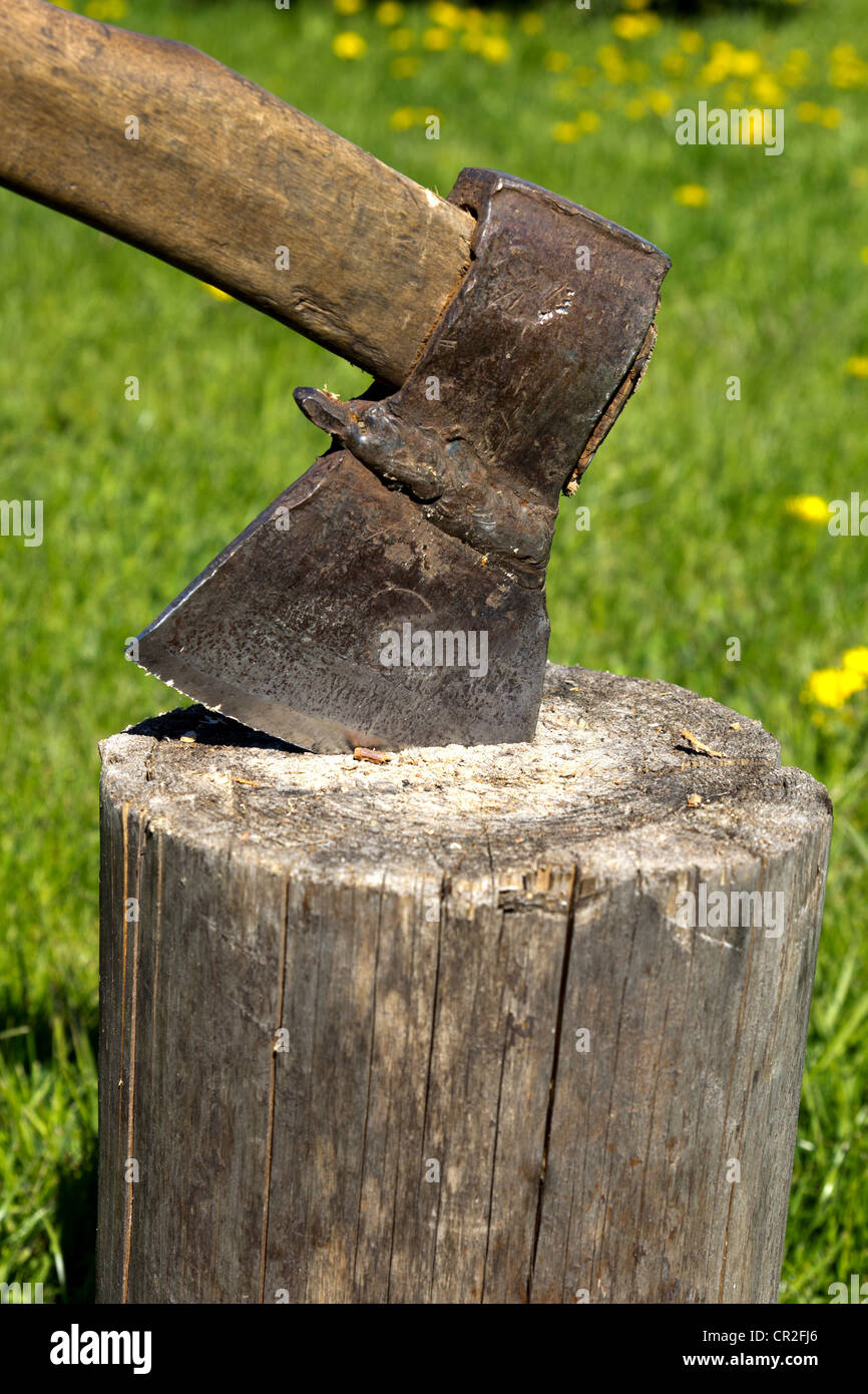 rusty axe stuck in a tree stump, against the background of nature Stock Photo