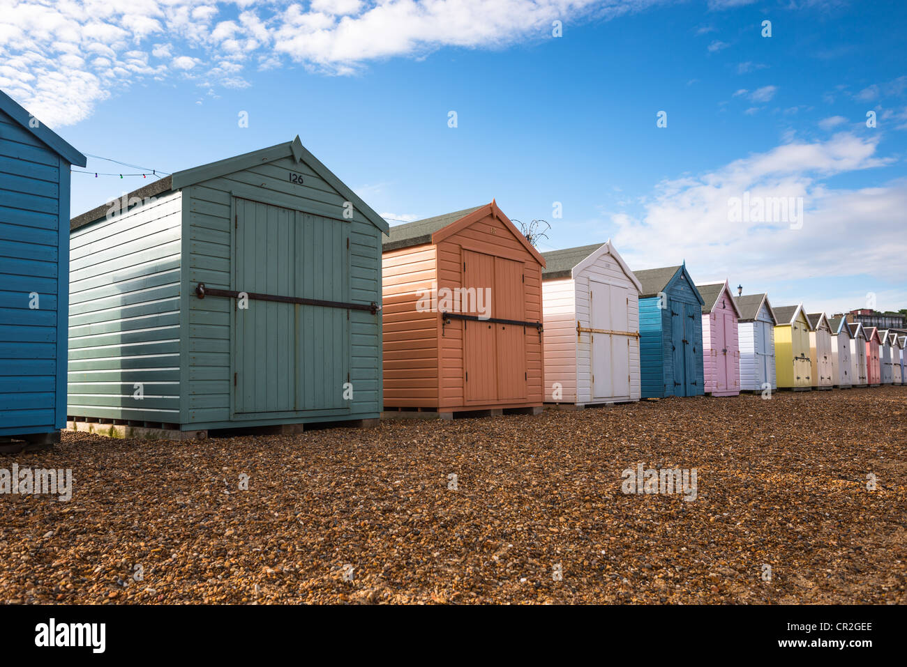 Colourful beach huts on Felixstowe beach, England. Stock Photo