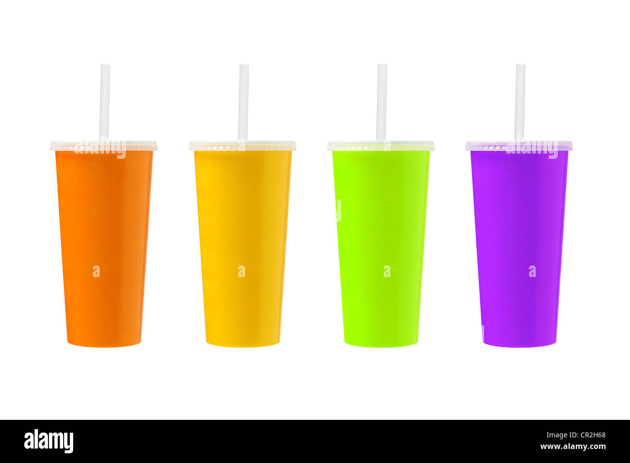 Fruit Juices in Paper Cups on White Background Stock Photo