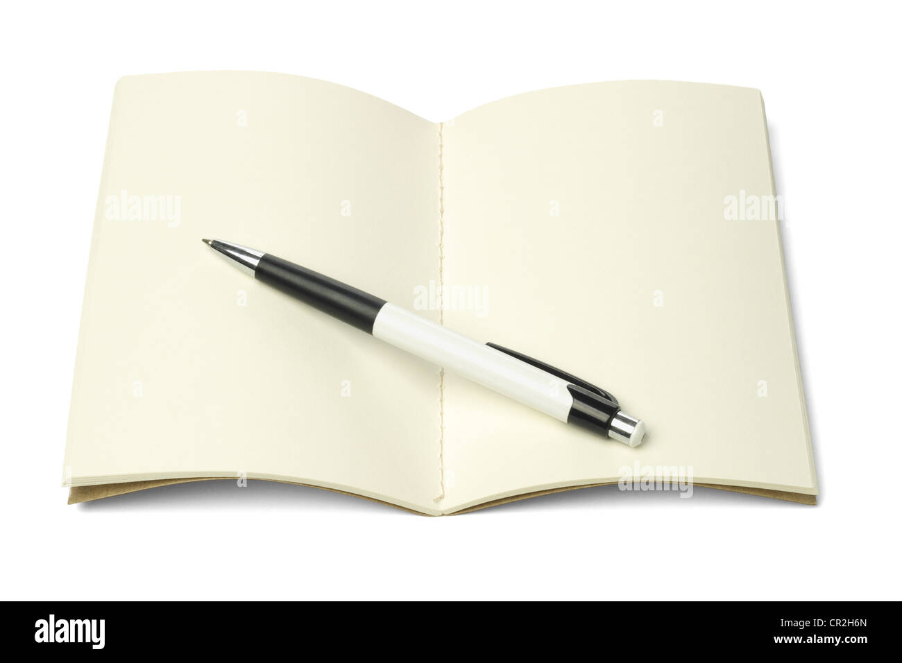 Open Blank Thread Sew Book and Ballpoint Pen on White Background Stock Photo