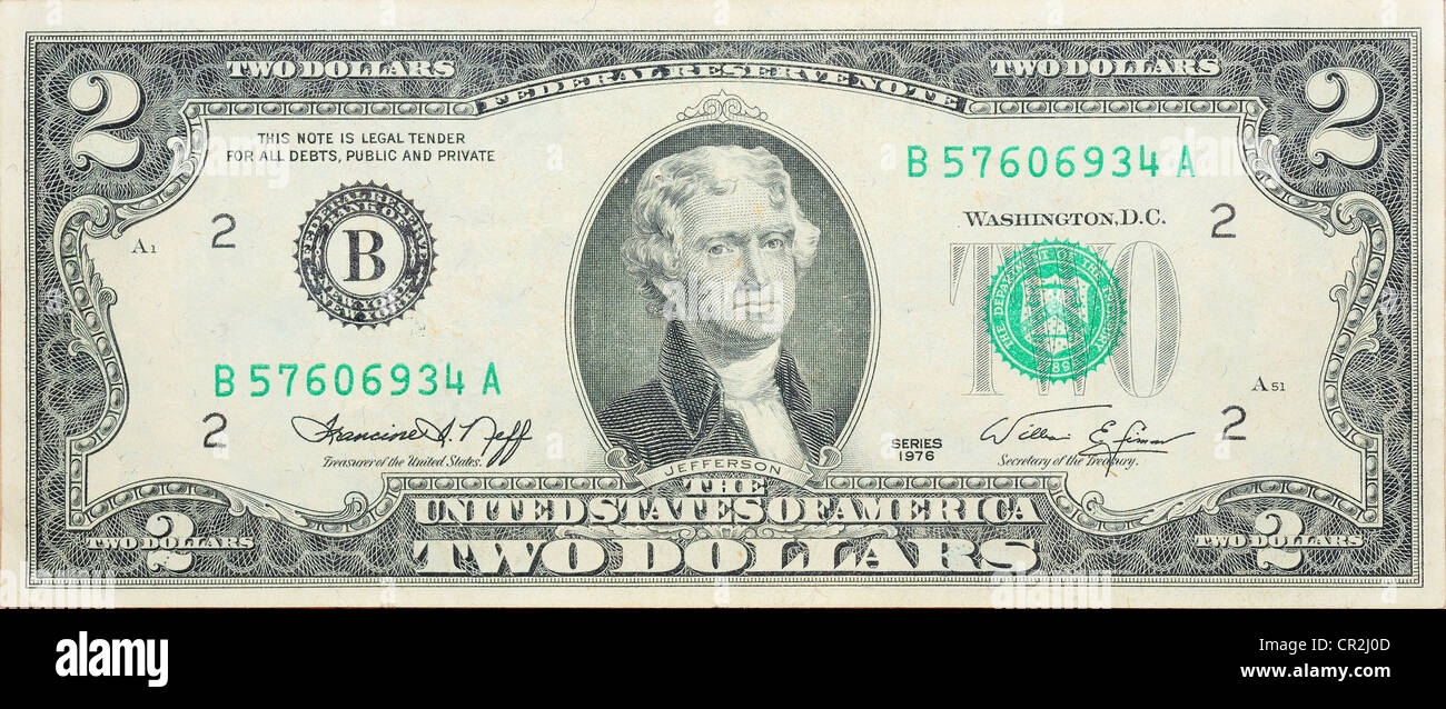 Historic banknote, Anniversary two US dollars 1976 (let out to 200 years - declaration Signing independence 1776) Stock Photo
