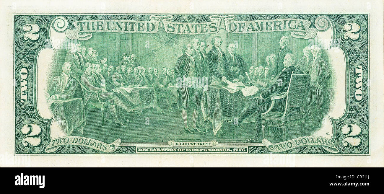 Historic banknote, Anniversary two US dollars 1976 (let out to 200 years - declaration Signing independence 1776) Stock Photo