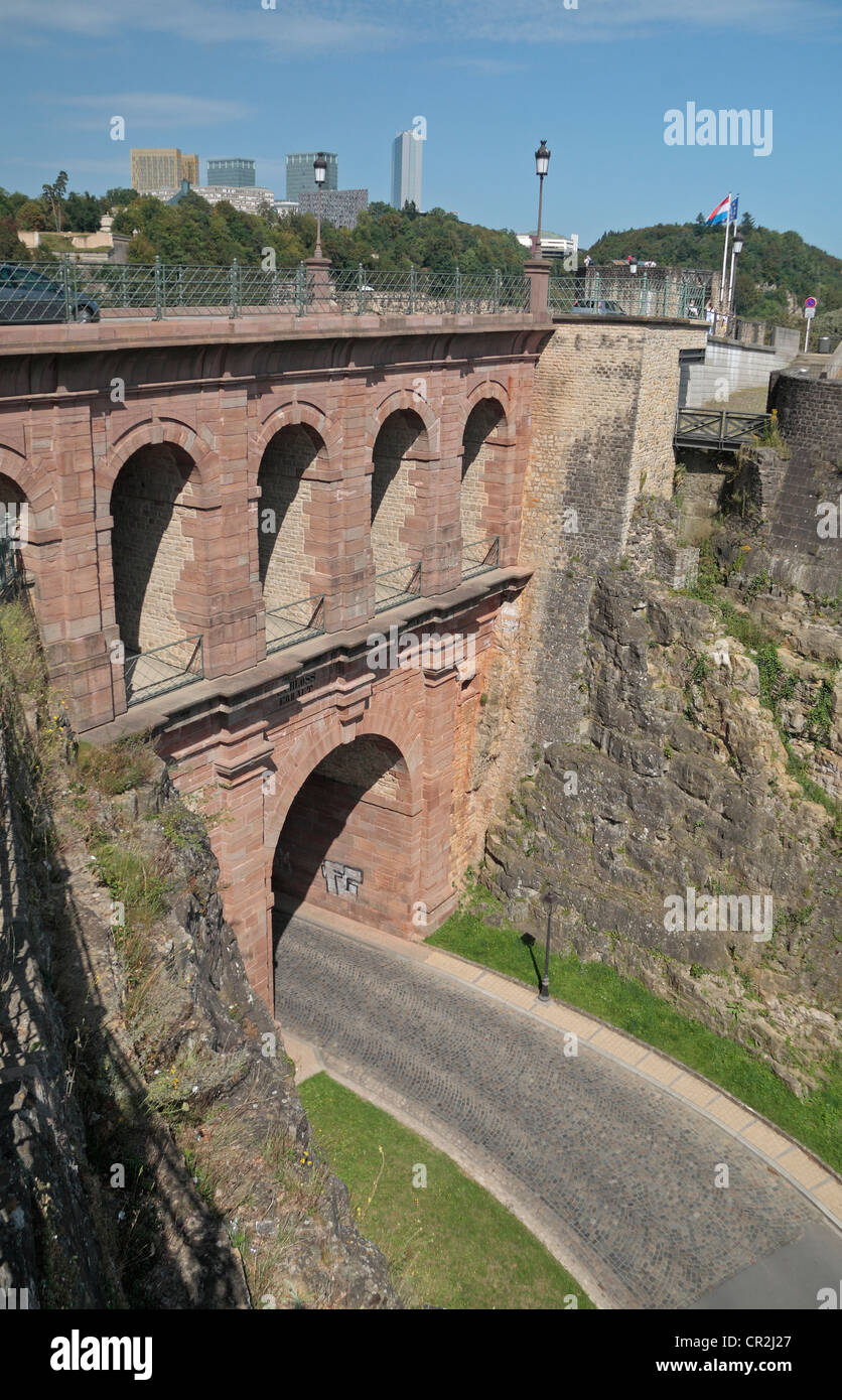 The viaduct Schloss Erbaut Bruecke, Luxembourg city, the Grand Duchy Luxembourg. Stock Photo