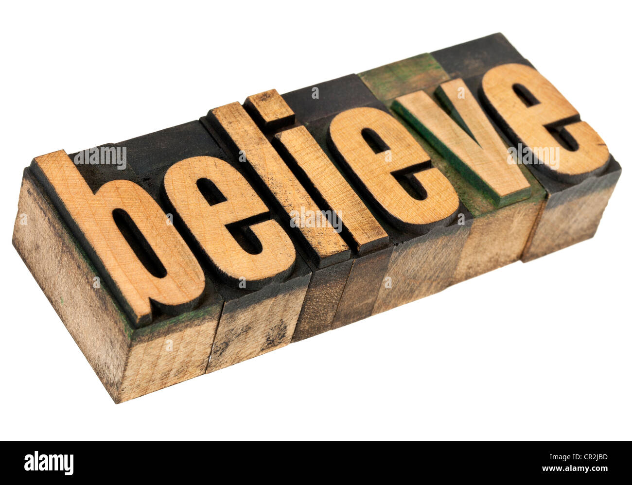 believe - spiritual concept - isolated text in vintage letterpress wood type Stock Photo