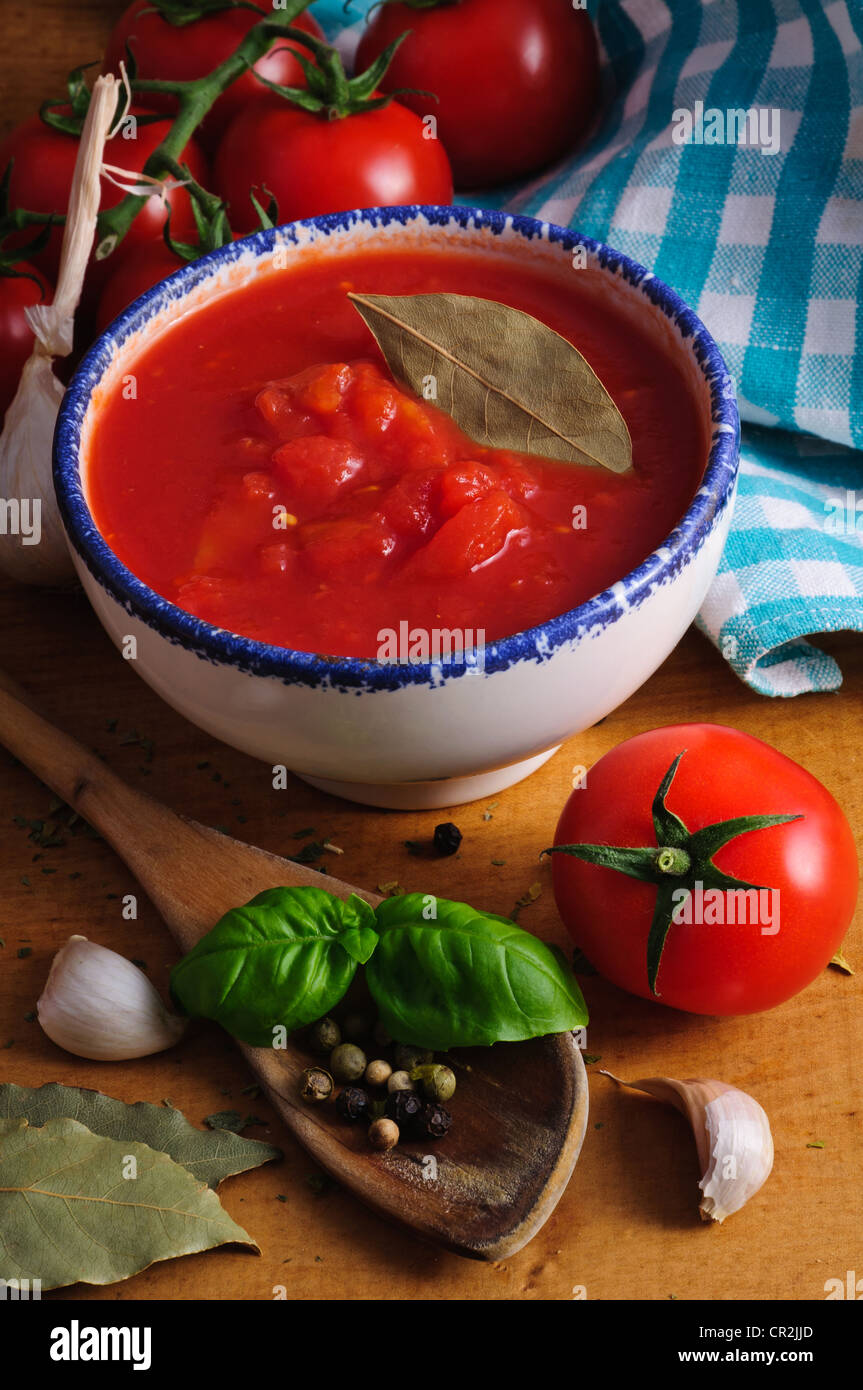 Still life with traditional tomato sauce and ingredients Stock Photo
