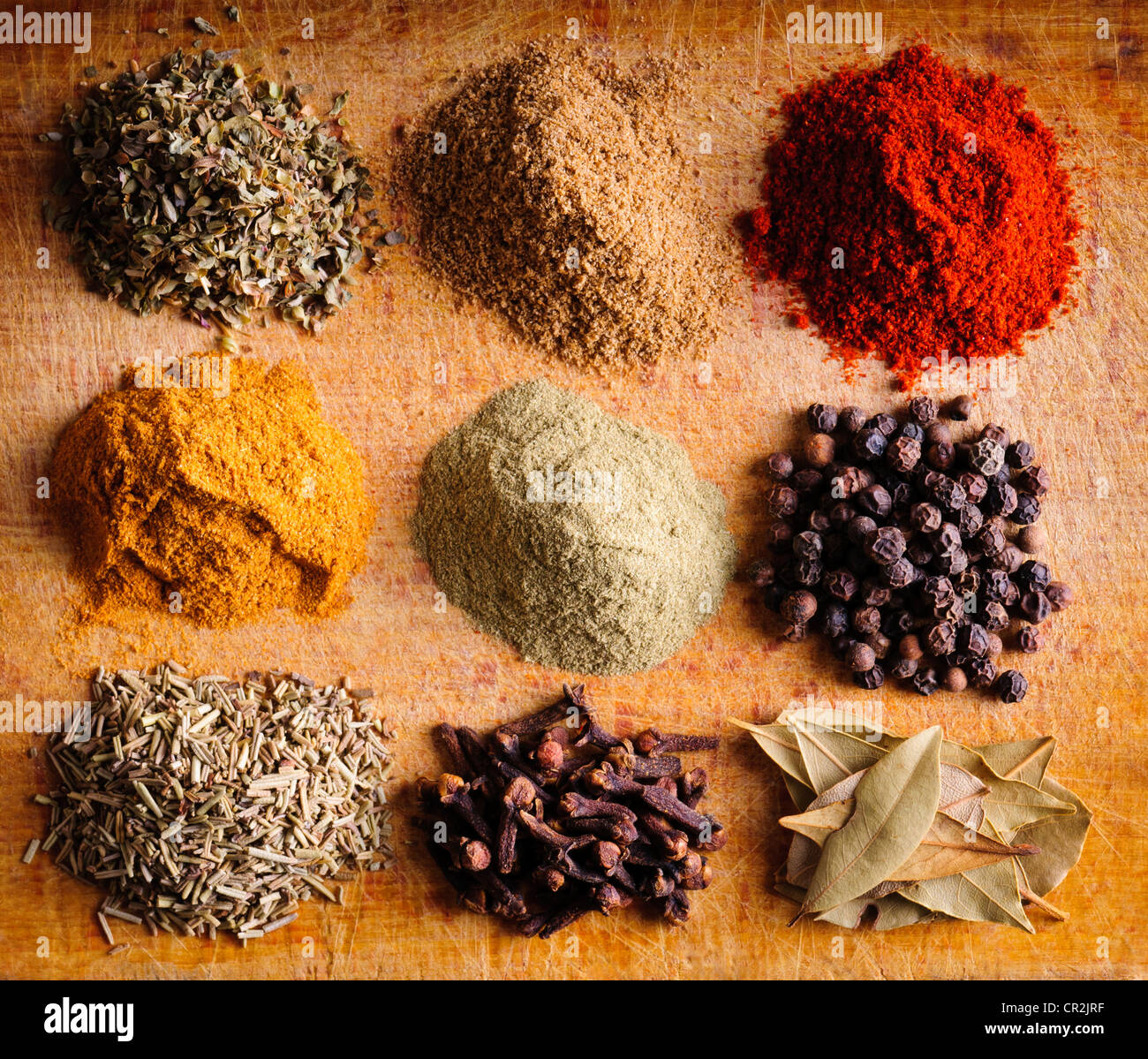 Background with different color spices Stock Photo