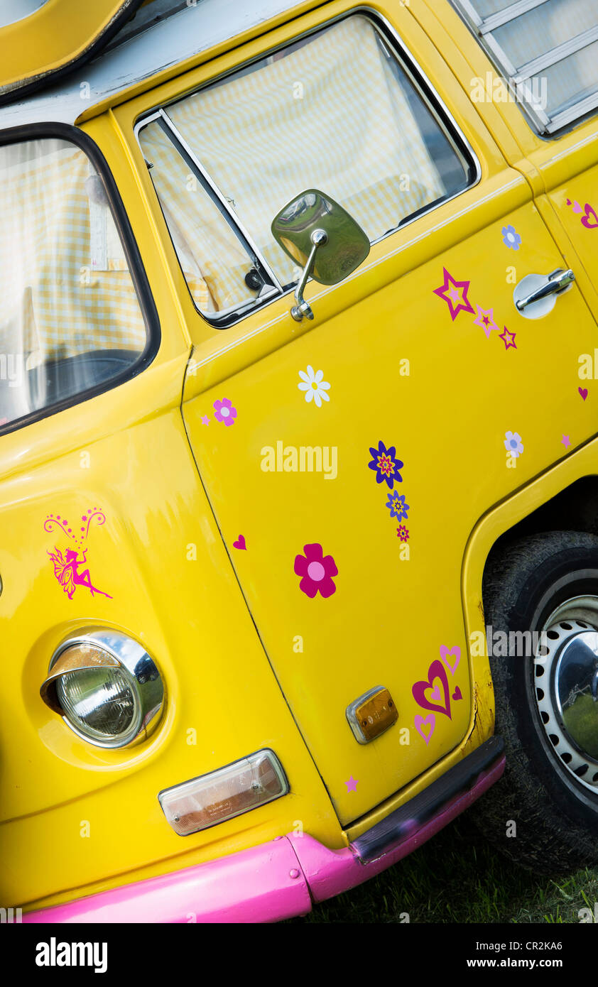 Yellow VW Volkswagen camper van Stock Photo