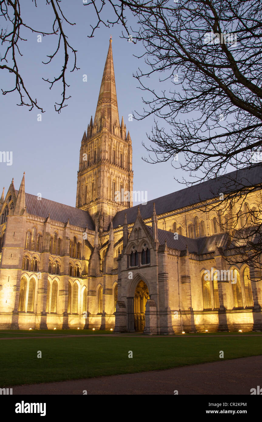 Salisbury Cathedral floodlit on a clear winter evening. Its tall elegant medieval spire pointing to the heavens. Wiltshire, England, United Kingdom. Stock Photo
