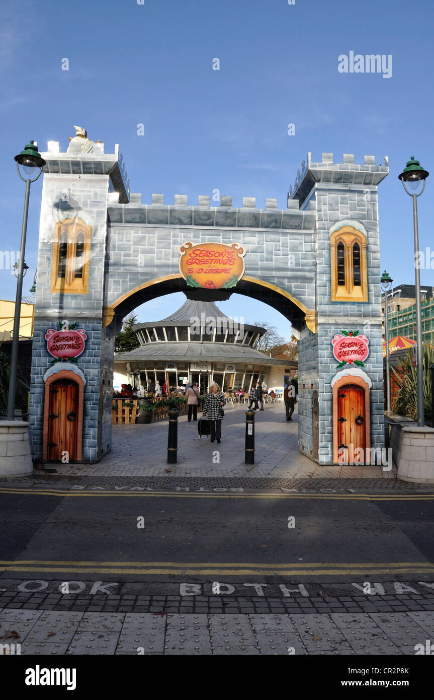 Castellated gateway to the Christmas Market in Bournemouth Town Centre 2011, as viewed from the entrance to the Lower Gardens. Stock Photo