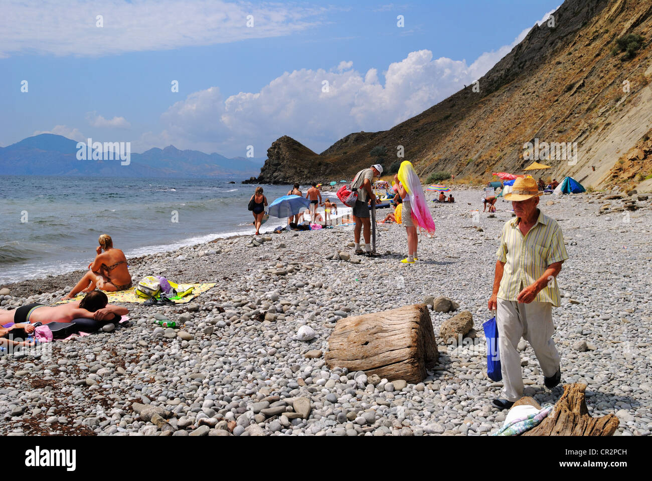 Beach scene, Ordzhonikidze (settlement of Feodosiya), Crimea, Ukraine Stock Photo