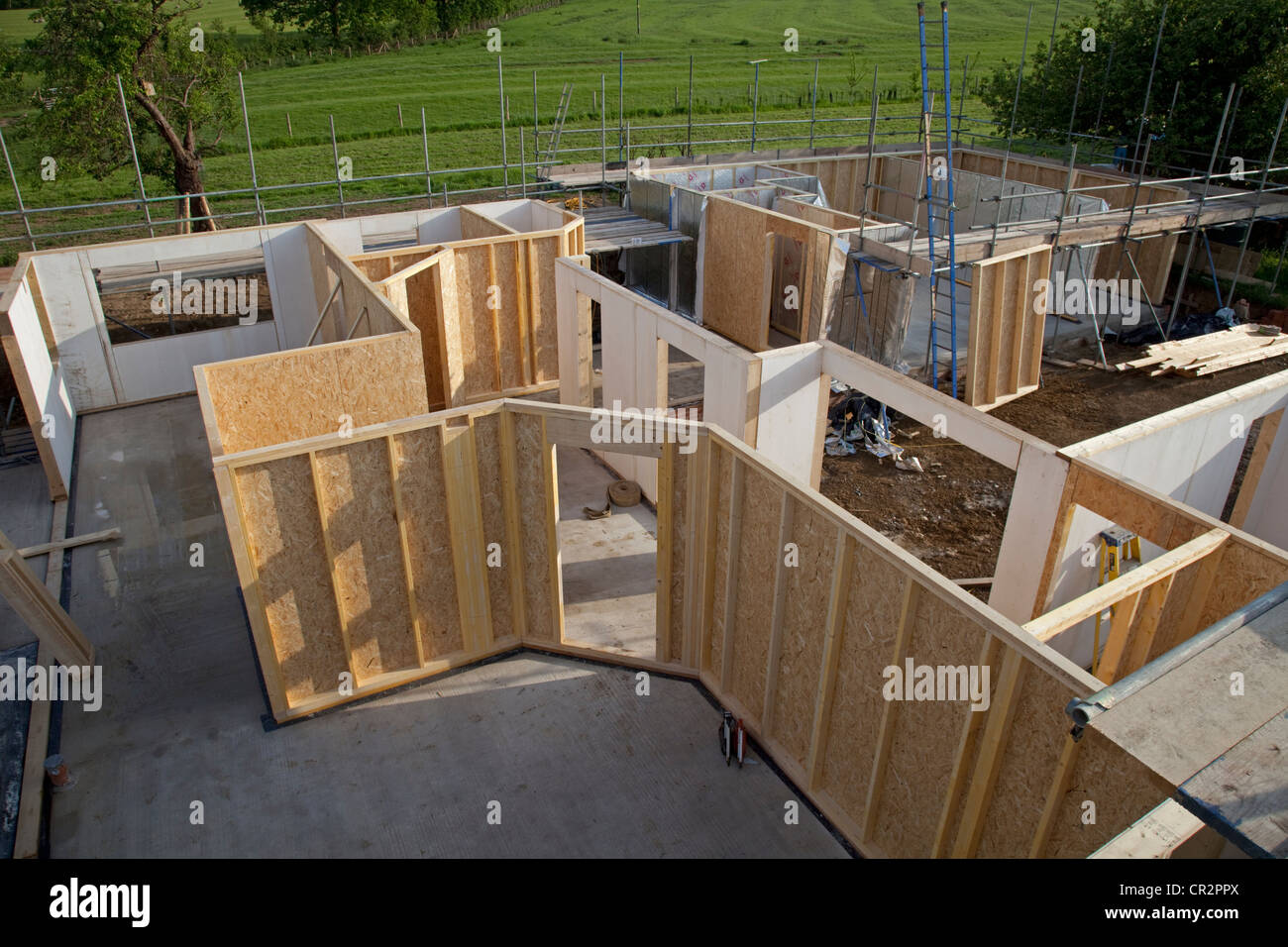 Erecting the stud walls on timber frame building Colemans Hill Farm