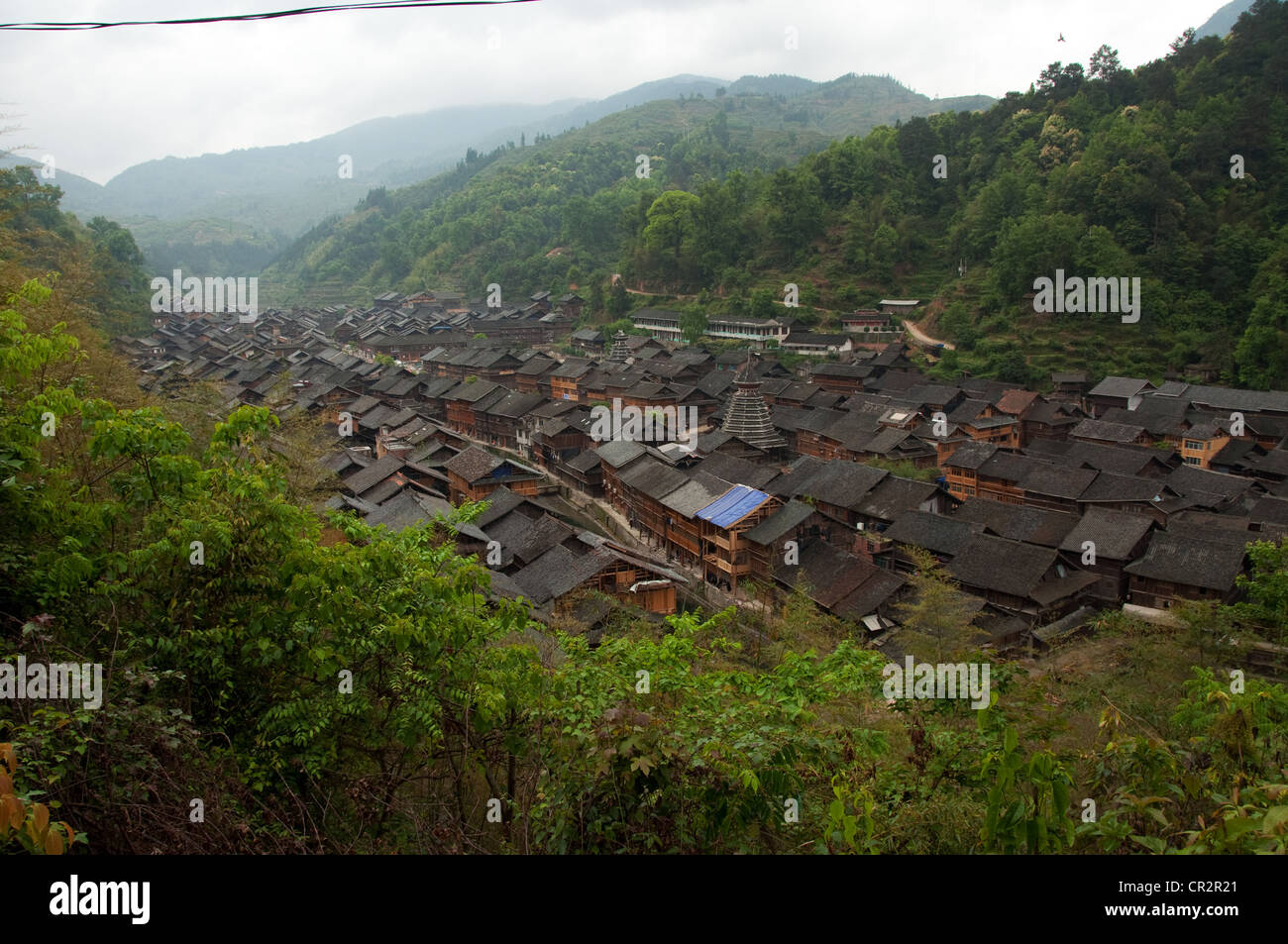 Zhaoxing Dong Village roofs seen from above, Southern China Stock Photo
