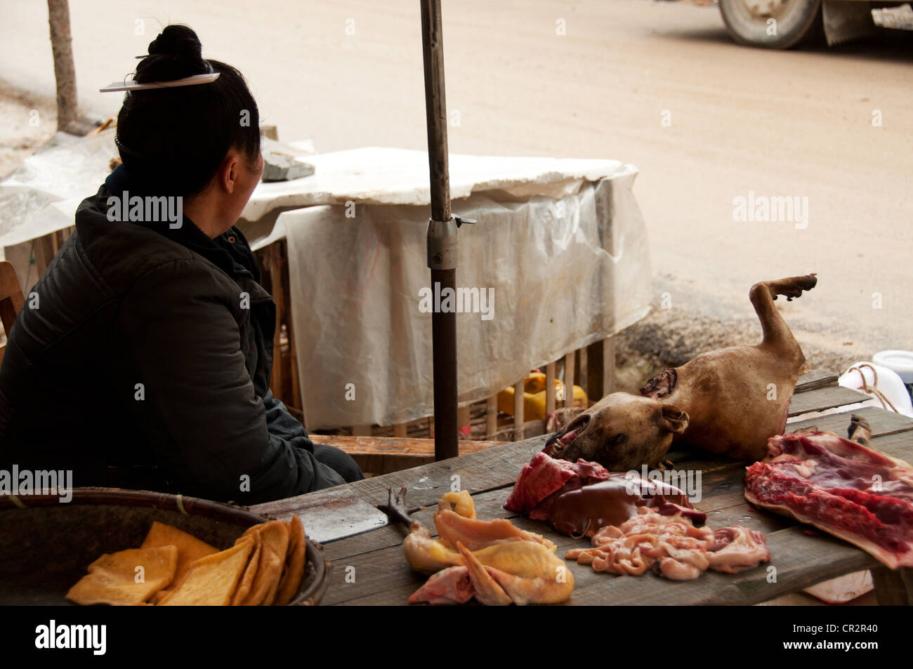 A woman selling dog meat at her market stall, Zhaoxing Dong Village, Southern China Stock Photo