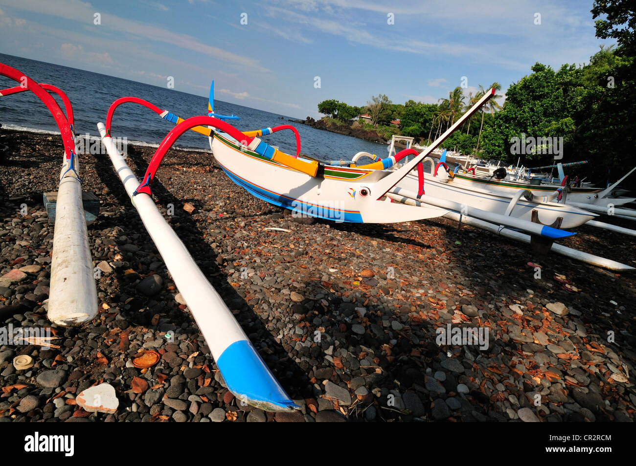 Traditional boats on the Tulamben beach, Bali, Indonesia, Asia Stock Photo