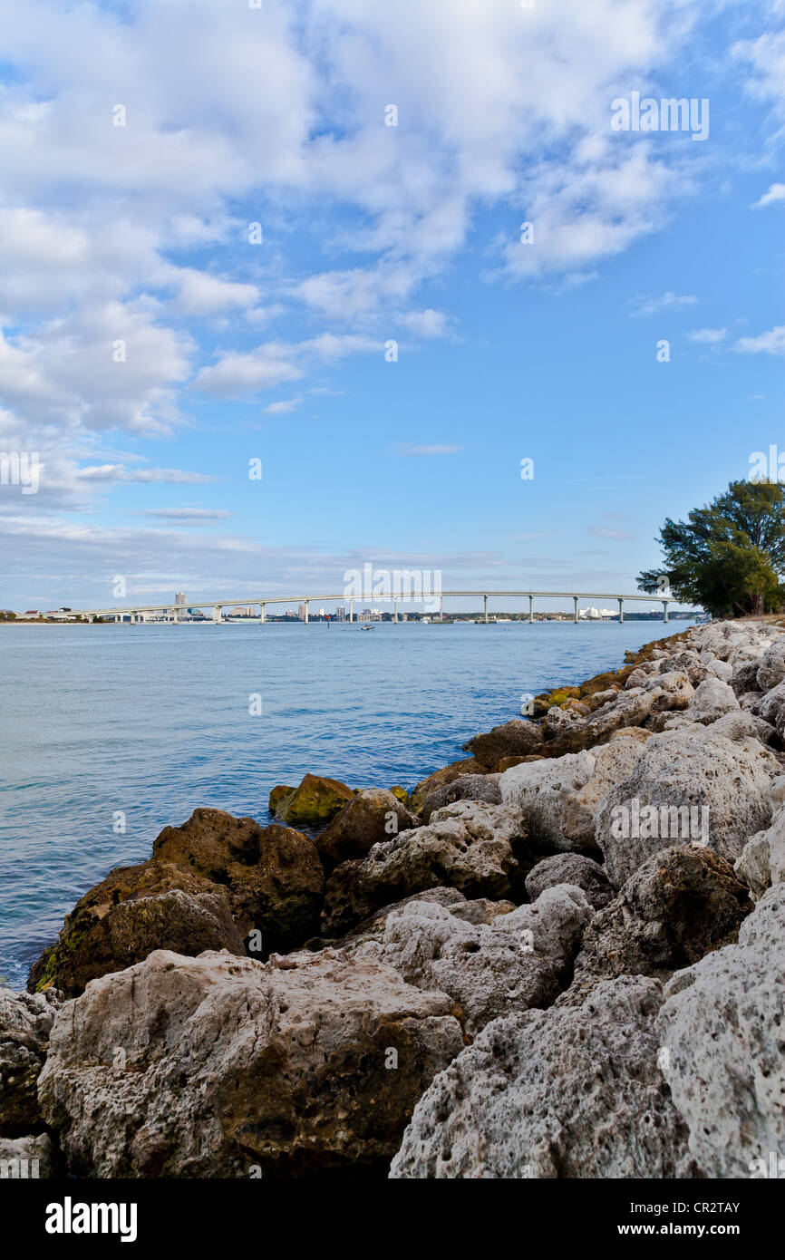 View of Bridge leading to Clearwater Florida from Sand Key Park Stock Photo