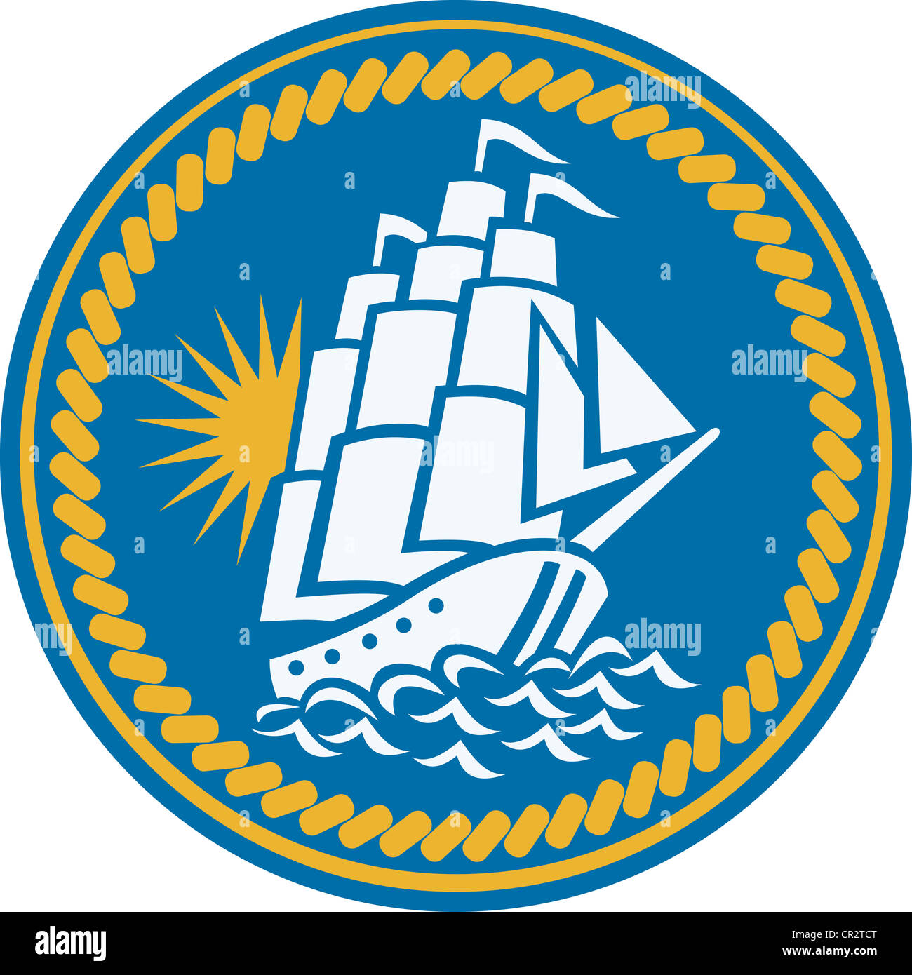 Illustration of a sailing tall ship galleon at sea set inside circle with rope done in retro woodcut style. Stock Photo