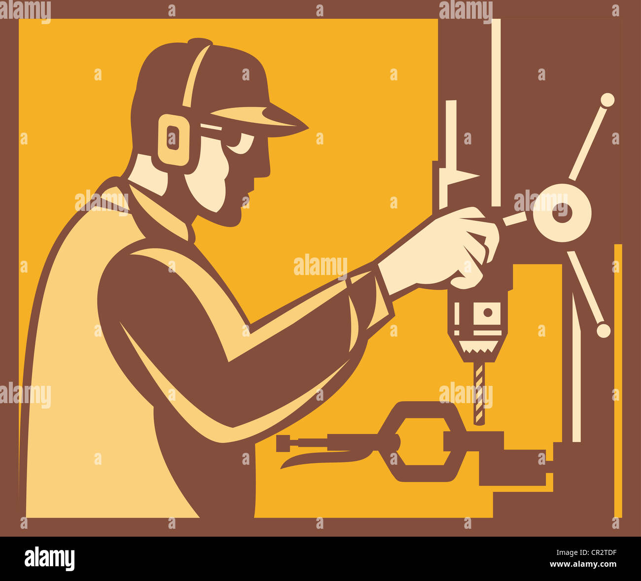 Illustration of a factory worker operator operating working with drill press viewed from side done in retro woodcut style Stock Photo