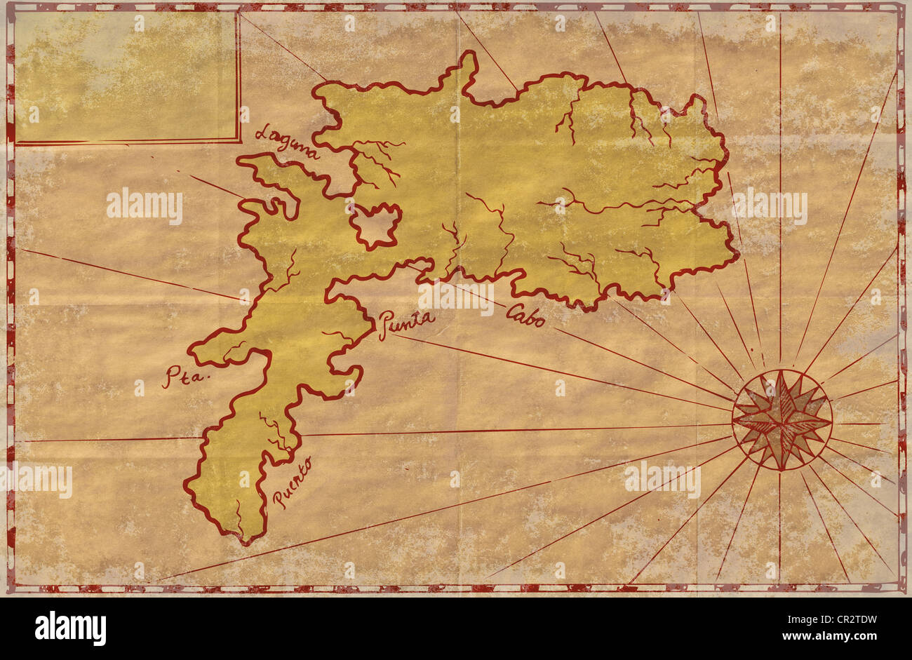 Ilustration of a treasure map showing island with coast and compass star done in vintage style. Stock Photo